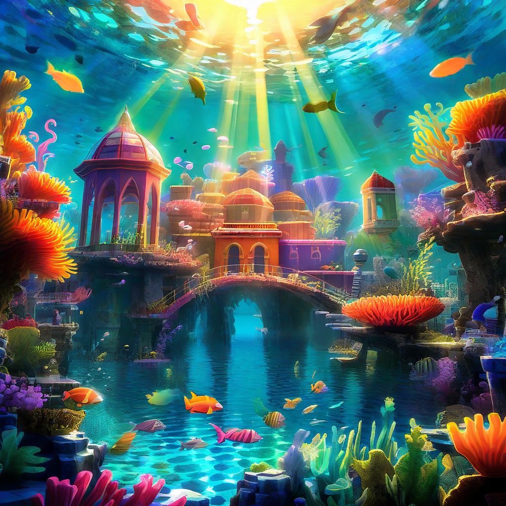 “Create an image of a whimsical underwater city, with colorful coral ...