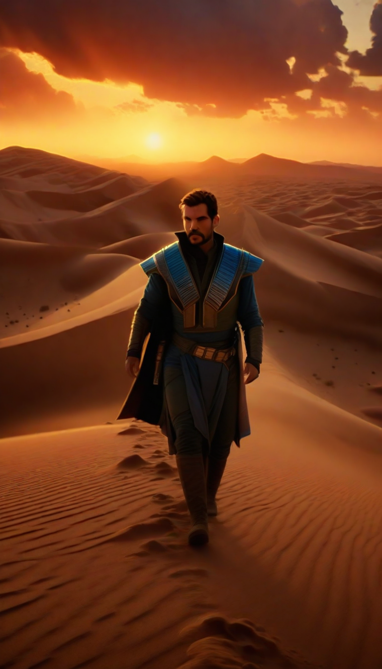 "deserts of arrakis, arrakeen, paul muad dib standing will this stillsuit and ble in blue eyes. dune with a storm behind it and lighting. hyperrealism, realistic, volumetric lighting, dynamic lighting, octane render, dramatic detail, 8k, breathtaking, insanely detailed, midjourney art, unreal engine, cinematic quality,"