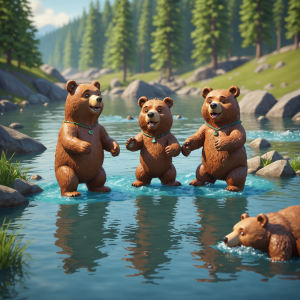 “a cute family of bears playing in a river”