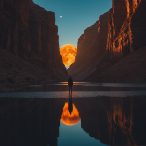 “solitary person stands on the edge of a reflective water body in the center of a sci-fi canyon landscape. Enormous, glowing celestial body rises on the horizon, resembling both a sunrise and a planet rise”