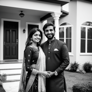 “a black and white photo of a couple that just bought a new house”