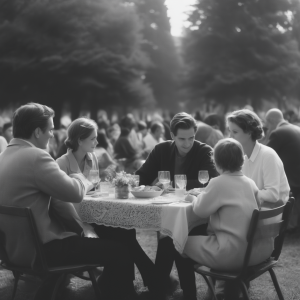 “a black and white vintage photo of a family gathering in the park”