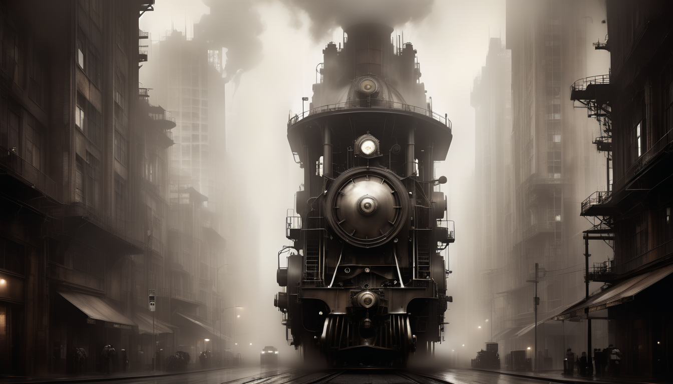 “A steam engine cityscape with towering skyscrapers and bustling ...