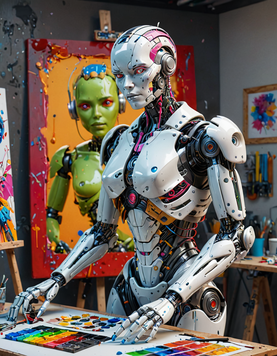 An android cyborg painting a canvas in a artist studio