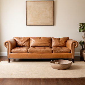 “camel colored leather couch facing front”