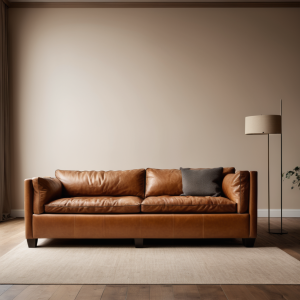 camel colored leather couch facing the front of the room with nothing in front of it