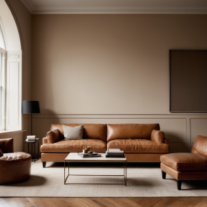 camel colored leather couch facing the front of the room with nothing in front of it