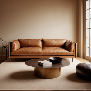 camel colored leather couch facing the front of the room with nothing in front of it