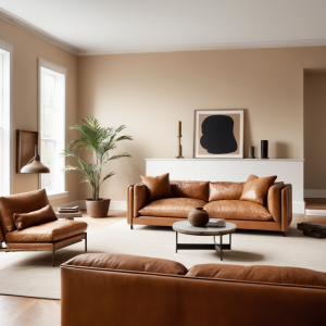 camel colored leather couch facing the front of the room with nothing in front of it