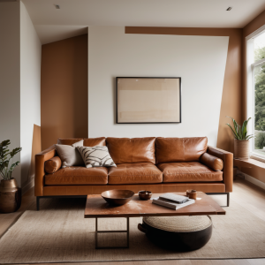 “caramel colored leather couch facing the front of the room with nothing in front of it”