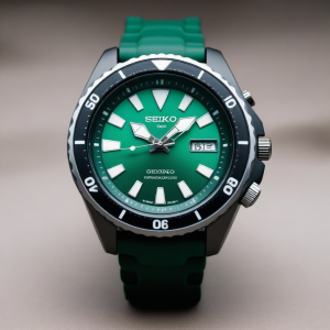“the seiko watch is green and has black hands, in the style of neo-traditional japanese, tokina at-x 11-16mm f/2. 8 pro dx ii, ocean academia, photorealistic detailing, holotone printing, stark and unfiltered, metallic finishes”