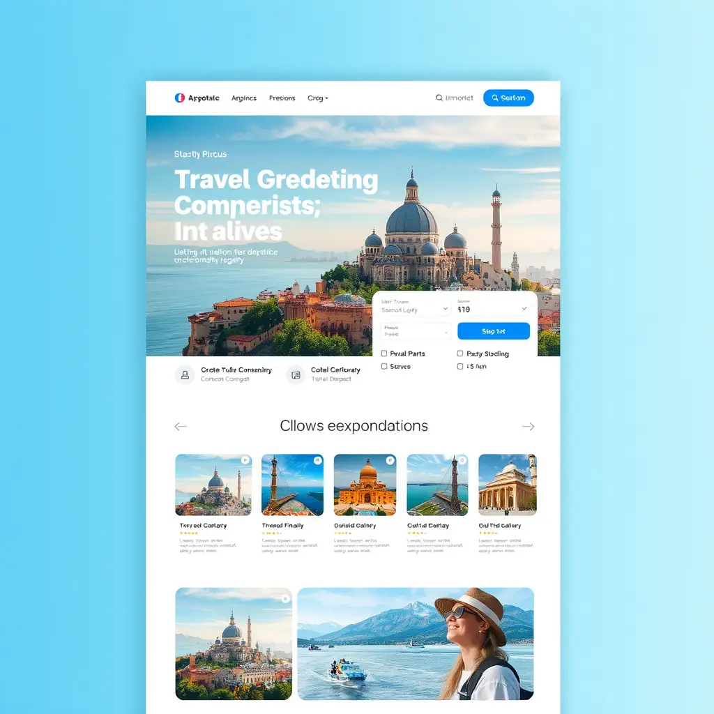 "Sleek and modern UI design for a travel agency website, featuring a clean layout with vibrant images of global destinations, easy navigation menus, user-friendly booking options, minimalistic fonts, soft color palette with blue and white tones, responsive design elements."