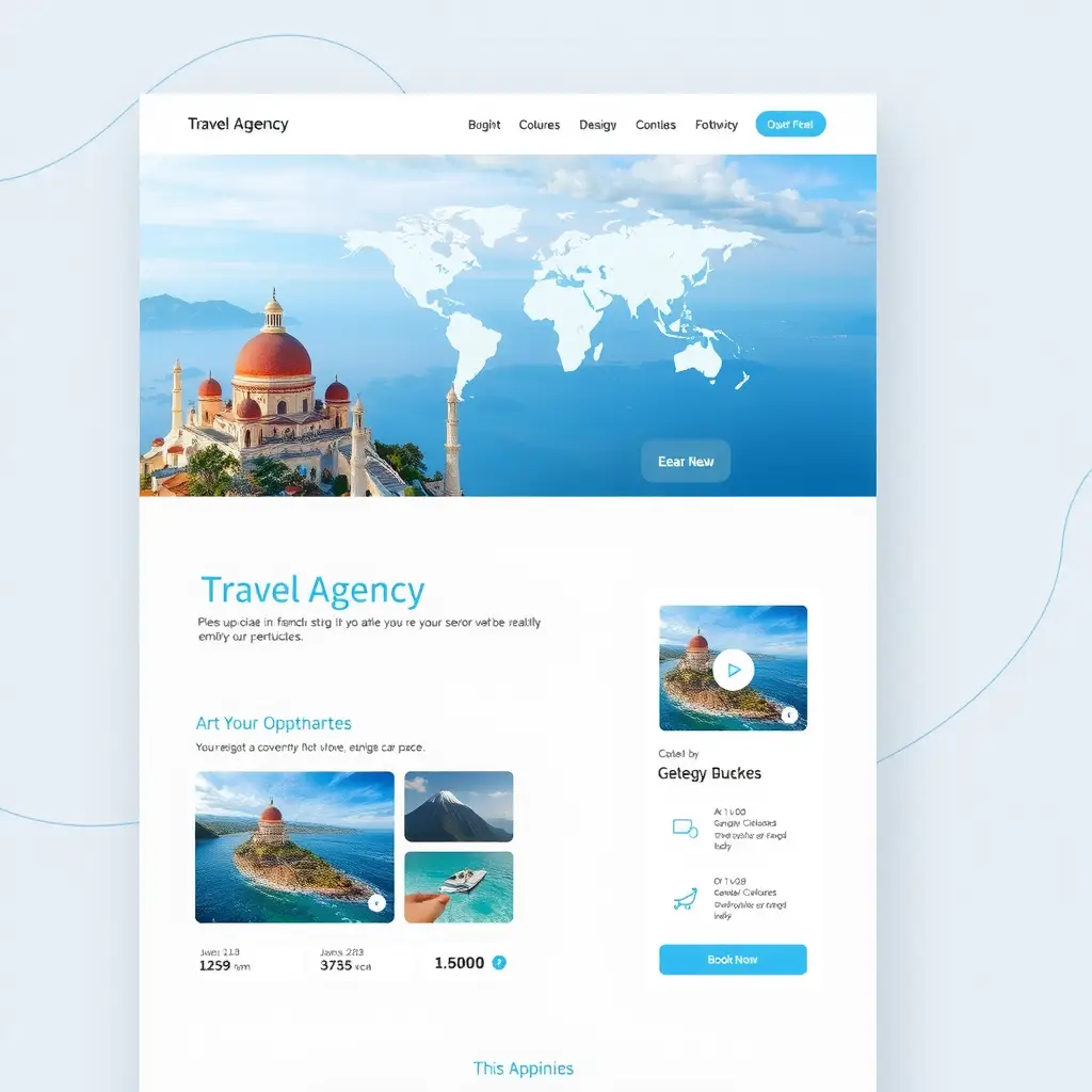 "Sleek and modern UI design for a travel agency website, featuring a clean layout with vibrant images of global destinations, easy navigation menus, user-friendly booking options, minimalistic fonts, soft color palette with blue and white tones, responsive design elements."