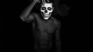 make me a album cover with black and white and make it grainy forms. mostly black in the image. include vampire related things