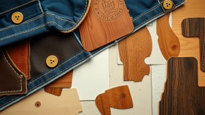wood, leather, brass, and denim material