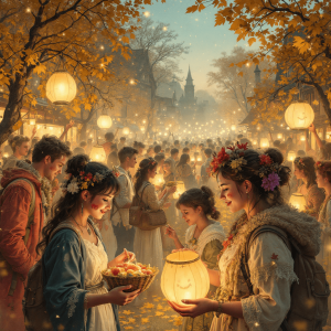 A festival, festooned with golden autumn leaves and twinkling fairy lights. Villagers of varied ages gather, some holding lanterns, others with painted faces, celebrating with music and dance, warm tones, soft focus, enchanted atmosphere.