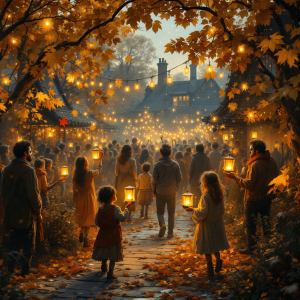 A festival, festooned with golden autumn leaves and twinkling fairy lights. Villagers of varied ages gather, some holding lanterns, others with painted faces, celebrating with music and dance, warm tones, soft focus, enchanted atmosphere.