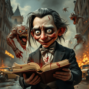 A old ventriloquist doll is making monster from a book come to life and torments the whole town. He wears a suit with blood stains all over it and his hair is swooped to the side, in the background are monsters destroying cars and buildings and make it look realistic and very scary please