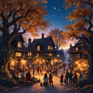 A quaint village square at twilight, adorned with glowing lanterns and golden autumn leaves. Villagers in colorful scarves gather, sharing stories and laughter, with a backdrop of ancient oaks and twinkling stars overhead. Vibrant, cozy, festive, enchanting.
