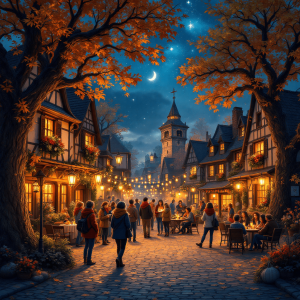 A quaint village square at twilight, adorned with glowing lanterns and golden autumn leaves. Villagers in colorful scarves gather, sharing stories and laughter, with a backdrop of ancient oaks and twinkling stars overhead. Vibrant, cozy, festive, enchanting.