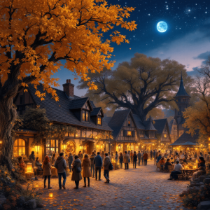 A quaint village square at twilight, adorned with glowing lanterns and golden autumn leaves. Villagers in colorful scarves gather, sharing stories and laughter, with a backdrop of ancient oaks and twinkling stars overhead. Vibrant, cozy, festive, enchanting.