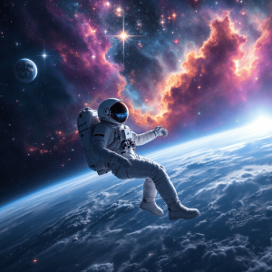 An astronaut floating in space near a vibrant nebula, a shimmering galaxy visible in the distance, earth visible in the far background, stars scattered around, sleek white space suit with reflective visor, soft glow from the nebula illuminating the scene, serene, surreal.