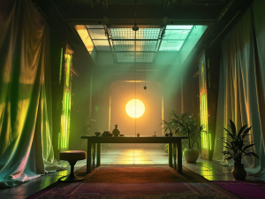 The room within was suffused with a dim, grayish light—daylight diffusing through thick drapery. the room within had a tall stool, and a table that ran the length of the wall. The ceiling was glassed and, through it, the sun could be seen. The sun seemed oddly dim, however, and could be looked at.