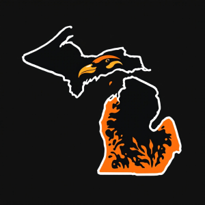 2d logo design including a bird and a map / outline of Michigan