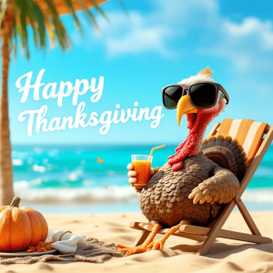 A 3D character of a Thanksgiving turkey sitting on a lounge chair on a sandy beach, wearing oversized sunglasses, sipping a straw from glass of juice. Big cursive letters text” Happy Thanksgiving” small text below “from Spring” The turkey appears relaxed, with the ocean in the background, clear blue sky, and a gentle breeze ruffling its feathers, vibrant, humorous, detailed texture, bright, sunny.