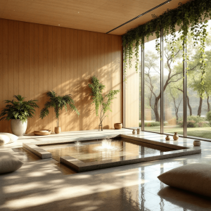 A serene meditation room, walls of smooth wood and hanging greenery, sunlight flooding through large, clear windows reflecting off polished stone floors, a centerpiece of tranquil water feature, soft natural light, peaceful, airy, natural materials.