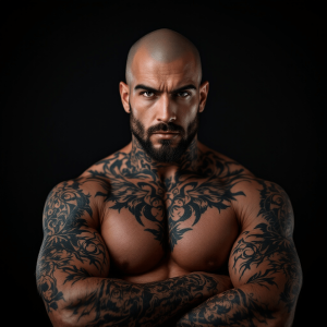 A waist-up portrait of a bald man with intricate tattoos, standing confidently against a stark black background, his piercing gaze looking straight ahead, expressive eyebrows arched slightly. His muscular build is emphasized in soft overhead lighting, adding depth and contrast to the tattoos.
