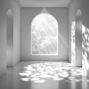 create a interior design with a dynamic play of shadows throughout the day, symbolizing spiritual enlightenment and the passage of time.