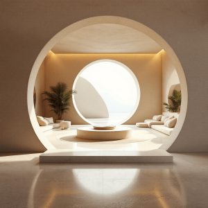 design a space thats open with flowing forms, open walls, one big circle and linear forms