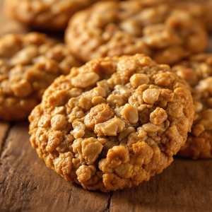 Glistening brown sugar oatmeal cookies with a crispy texture, arranged on a rustic wooden table. Warm, soft lighting illuminates the enticing detail, showcasing the golden-brown edges and coarse grainy surface in close-up perspective.
