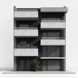 create a facade of a building with a dark brick texture with concrete, and balconies