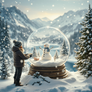 man dressed in winter clothes, constructing a snowman inside a translucent globe. Backdrop of grandiose winter landscape with evergreen trees, snow-laden hills and icy lake. Soft light filters through descending snowflakes, casting dreamlike glow on the snowy diorama, from a slightly elevated perspective.