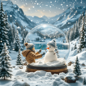 small man dressed in winter clothes, constructing a snowman inside a translucent globe. Backdrop of grandiose winter landscape with evergreen trees, snow-laden hills and icy lake. Soft light filters through descending snowflakes, casting dreamlike glow on the snowy diorama, from a slightly elevated perspective.
