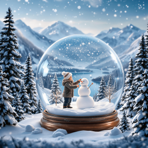small man dressed in winter clothes, constructing a snowman inside a translucent globe. Backdrop of grandiose winter landscape with evergreen trees, snow-laden hills and icy lake. Soft light filters through descending snowflakes, casting dreamlike glow on the snowy diorama, from a slightly elevated perspective.