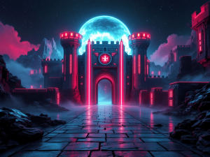 wide shot of a red neon techno inspired futuristic castle gate