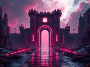 wide shot of a red neon techno inspired futuristic castle gate