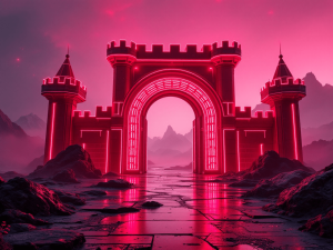 wide shot of a red neon techno inspired futuristic castle gate