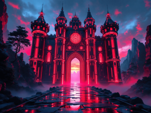 wide shot of a red neon techno inspired futuristic castle gate
