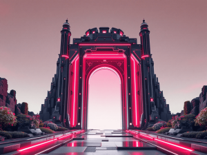 wide shot of a red neon techno inspired futuristic castle gate in front of a pale sky