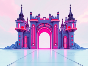 wide shot of a red neon techno inspired futuristic castle gate in front of a pale sky