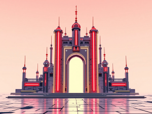 wide shot of a red neon techno inspired futuristic castle gate in front of a pale sky