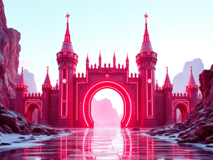wide shot of a red neon techno inspired futuristic castle gate in front of a pale blue sky