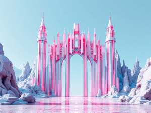 wide shot of a red neon techno inspired futuristic castle gate in front of a pale blue sky