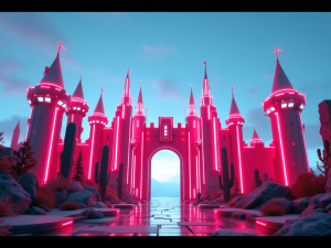 wide shot of a red neon techno inspired futuristic castle gate in front of a pale blue sky