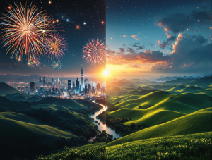 Spectacular verdant rolling hills with glittering rivers on the right, contrasting vividly with a left-side scene of radiant fireworks exploding against a starry night backdrop over vibrant city skyscrapers. Overlay “2025 Happy New Year” across both skies; use wide-angle lighting to enhance contrast.
