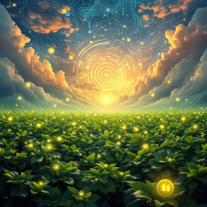 A vast digital garden where lush, green plants grow amidst swirling data clouds and abstract circuit patterns. The plants bear fruits that resemble glowing, rounded icons, reflecting measurable success and growth. The scene is bathed in the warm colors of the sunrise transitioning into the cooler tones of the evening sky. The atmosphere evokes a sense of new beginnings, growth, and achieving marketing results through careful cultivation.